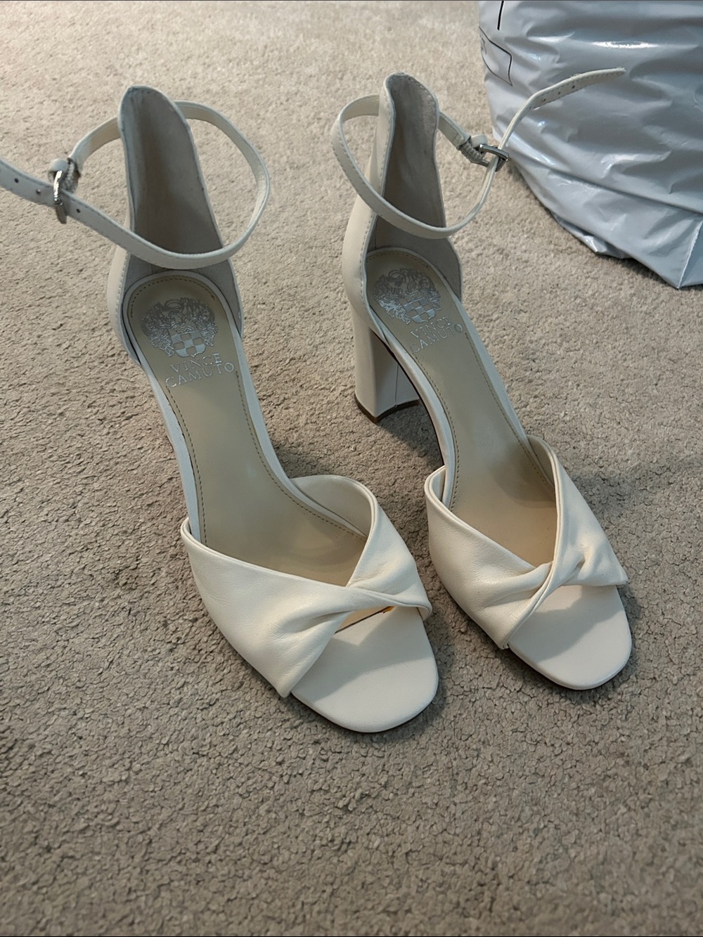 Vince Camuto Cream Knotted Ankle-Strap Block Heels